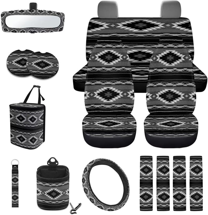Wanyint Aztec Black 15 PCS Car Seat Cover Full Set, with Steering Wheel Cover Seat Belt Strap Cover Trash Cans Rear View Mirror Cover Cup Coaster Keychain Air Vent Storage Bag Car Decor Universal Fit - Image 1